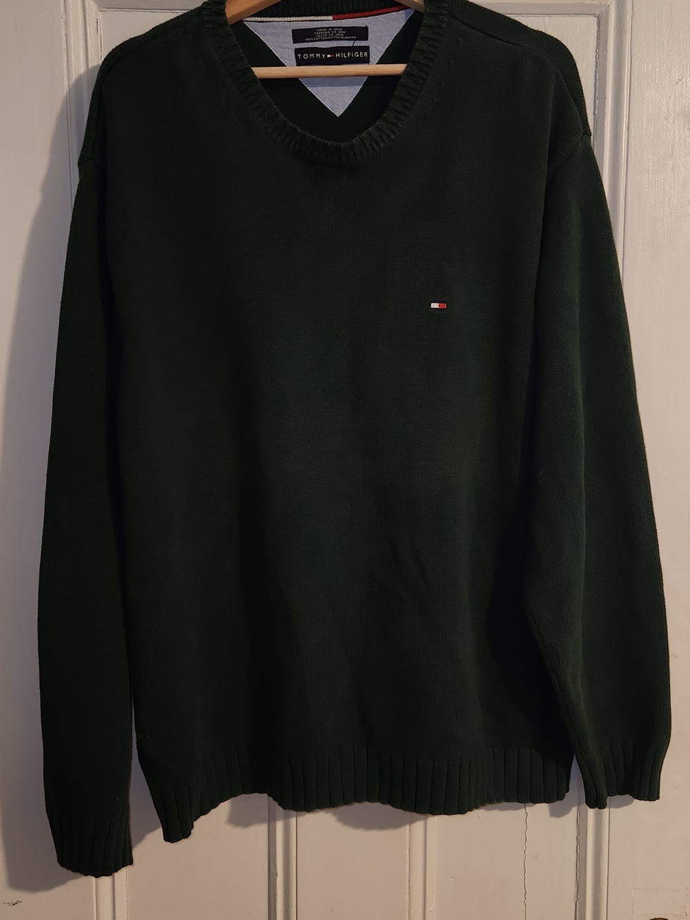 Tommy Hilfiger Mens XL Forest Green 100% Cotton Crewneck‎ Knit Sweater Logo Flag